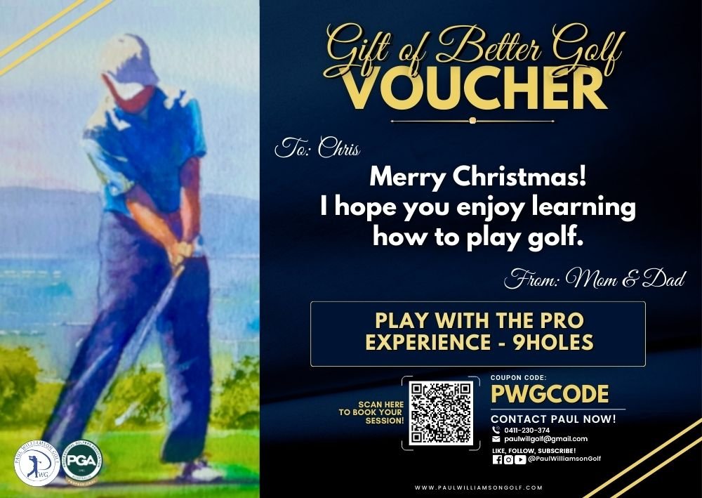Gift of Better Golf voucher featuring a watercolor illustration of a golfer swinging a club. Text includes a Christmas message to Chris from Mom and Dad, offering a "Play with the Pro Experience" for 9 holes. Includes contact information and a QR code for booking.