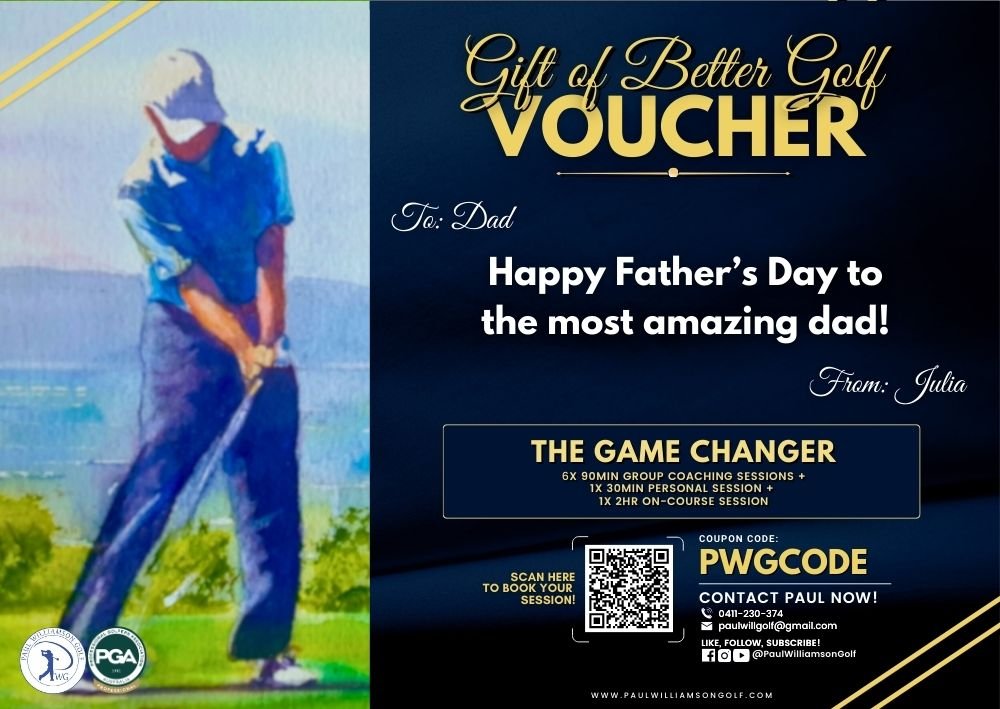 Gift of Better Golf voucher for Father's Day featuring an illustration of a golfer and text offering golf coaching sessions. Includes contact details and a QR code for booking.