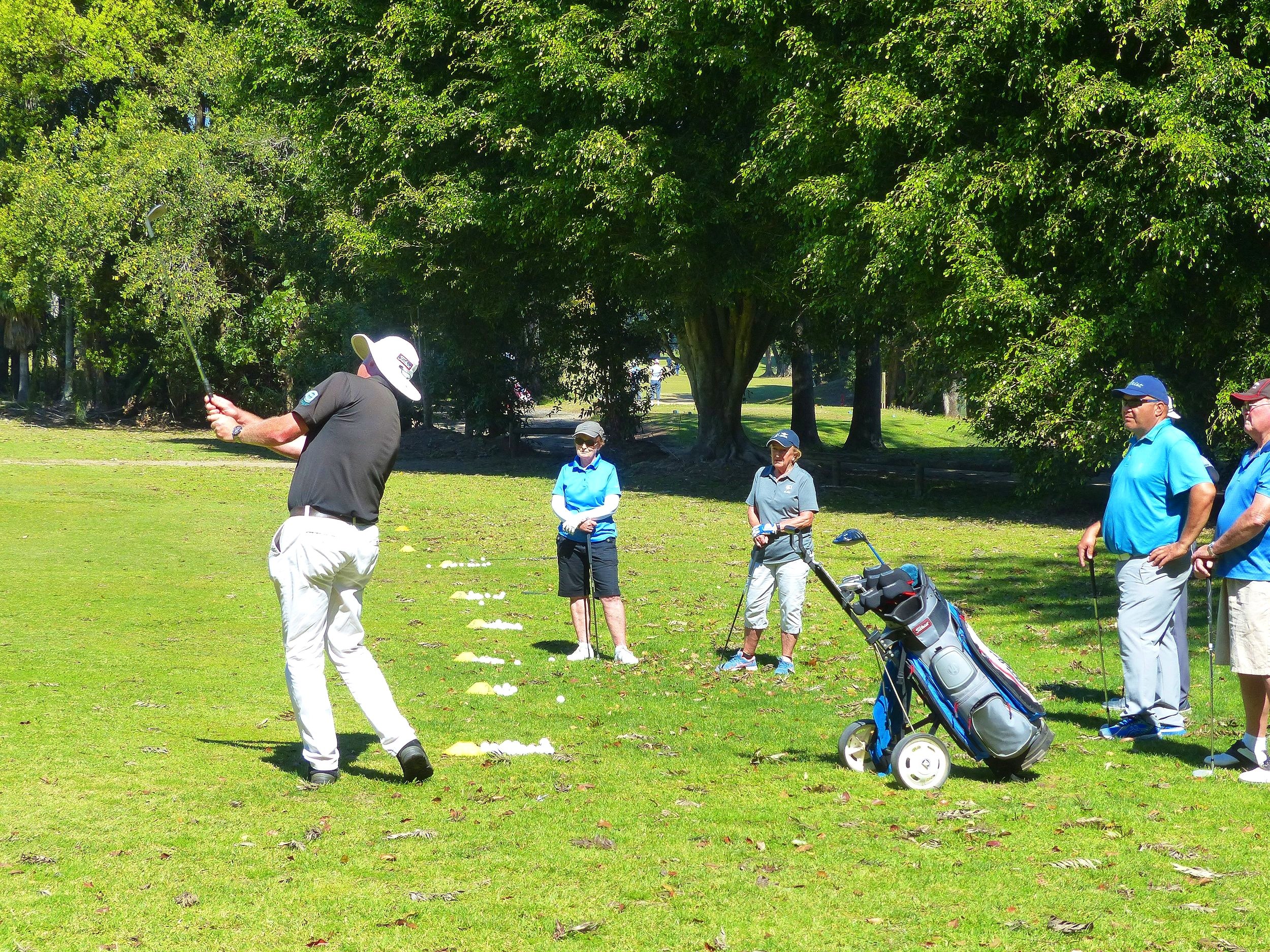 Group of people on a golf course with one person in mid-swing and others watching, next to a golf cart with bags, surrounded by trees.