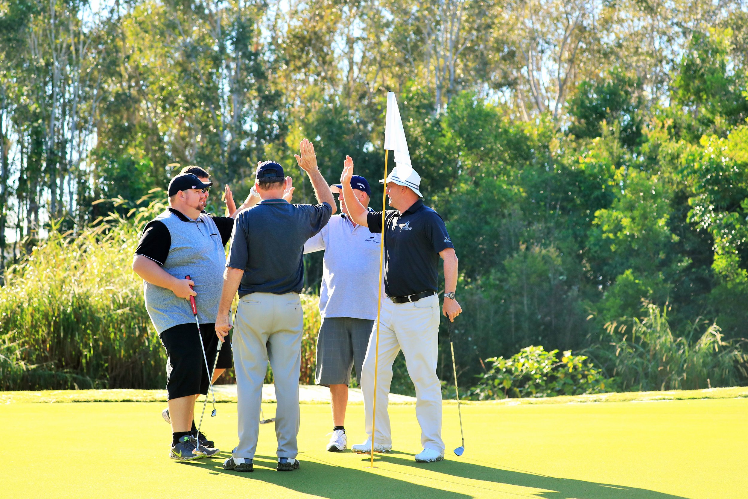Four golfers on a green celebrating with high-fives on a sunny day, surrounded by tall trees.