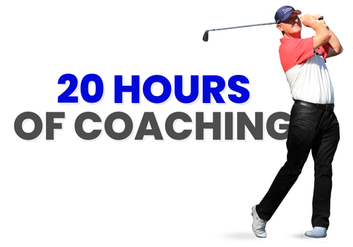 Golfer in mid-swing with text "20 Hours of Coaching"