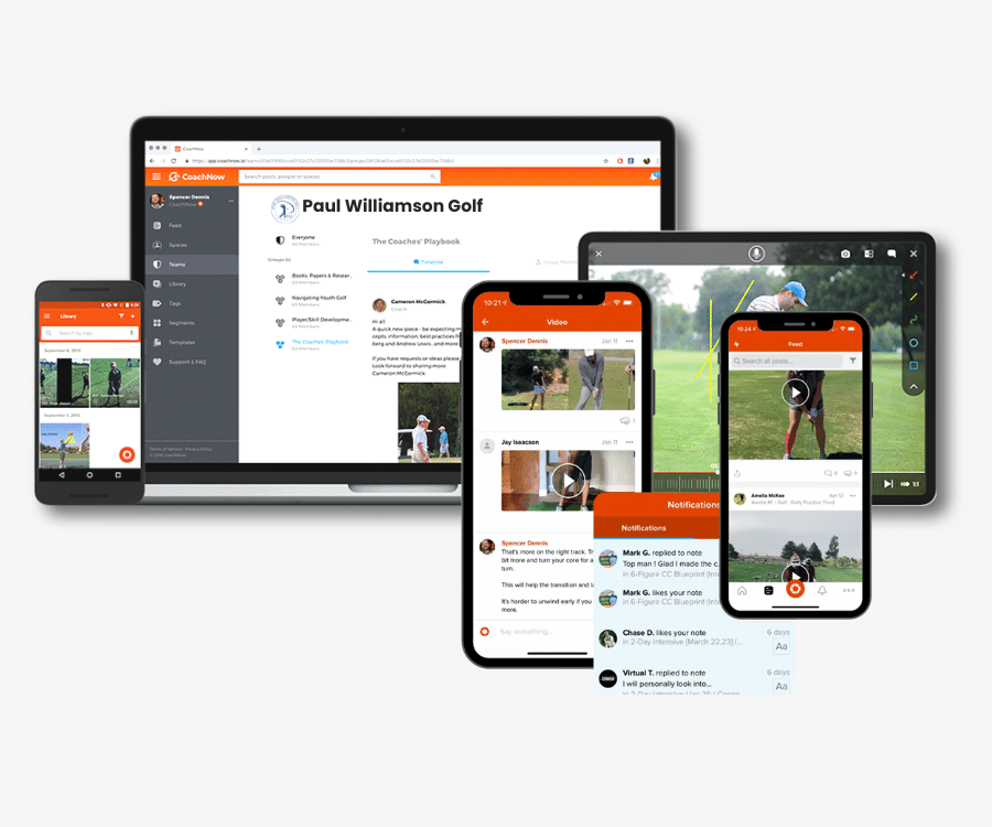 Multiple devices displaying a golf-related coaching app interface. Devices include a laptop, tablet, and smartphones, showcasing features like video playback, notifications, and communication tools for golf training.