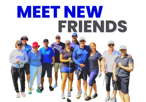 Group of people posing with golf equipment, wearing casual athletic clothing, under the text 'Meet New Friends' in blue and gray letters.