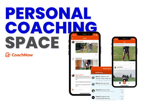 Promotional image for CoachNow app showing three smartphone screens with app interface, including video and notification features. Bold text reads 'PERSONAL COACHING SPACE' alongside the CoachNow logo.