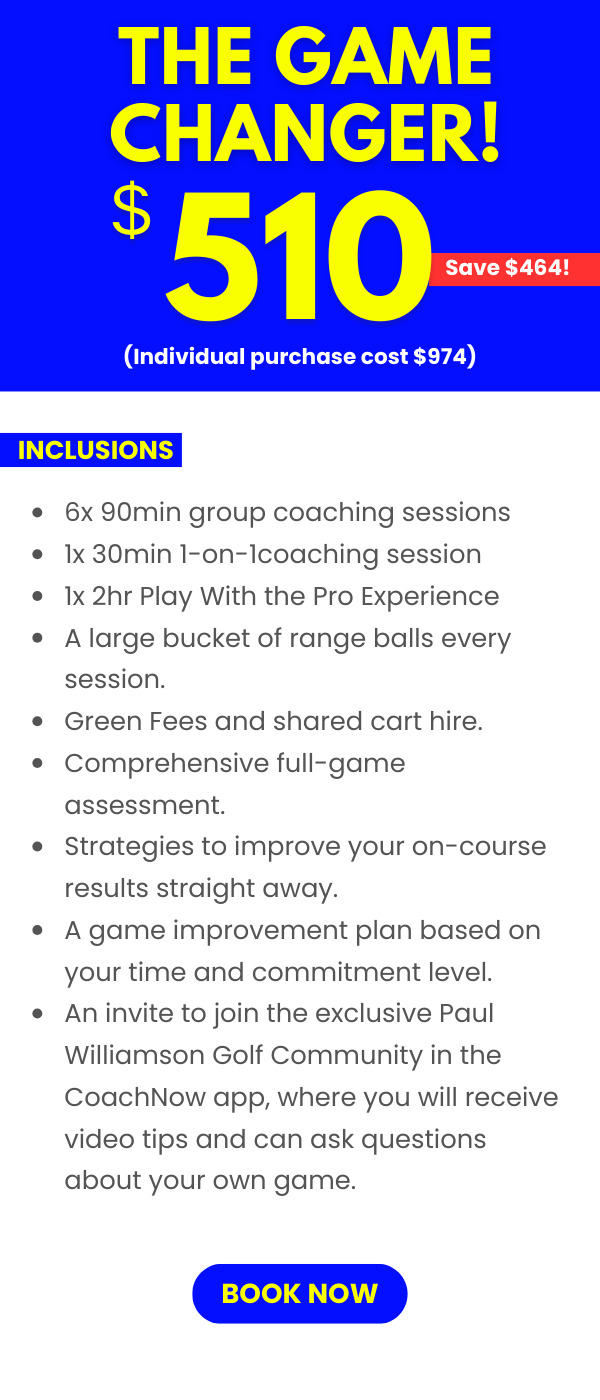 Promotional flyer for golf coaching program. Highlights the price of $510, saving $464, with details on coaching sessions, range balls, fees, assessments, strategy, game plan, and exclusive club access with CoachNow app. Includes a blue 'Book Now' button.