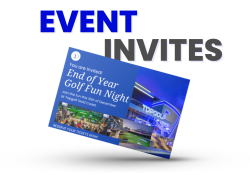 Promotional flyer for 'End of Year Golf Fun Night' at Topgolf, featuring images of the venue and details about the event.